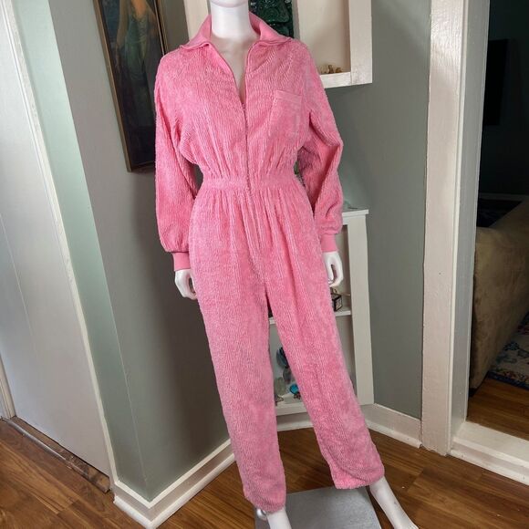 Vintage 80s 90s Bubblegum Pink Chenille Jumpsuit S/M/L Leisure Life terrycloth - Picture 2 of 15